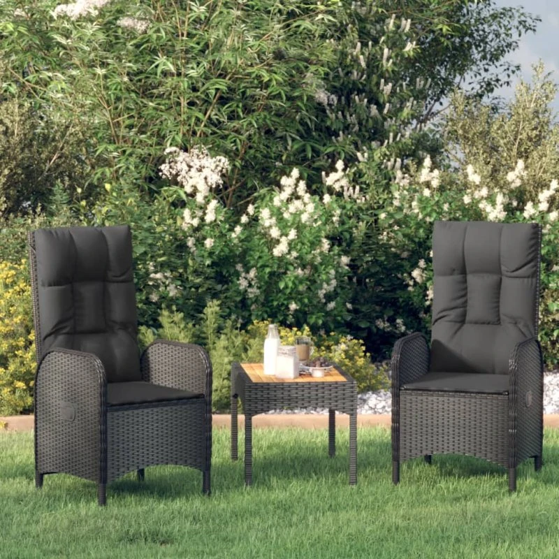 3-dele loungesæt i sort polyrattan med hynder