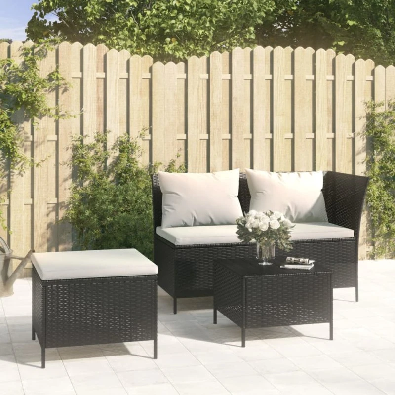 Loungesæt 3 dele i sort polyrattan med hynder