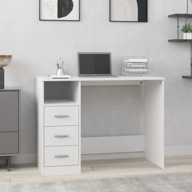 Hvidt skrivebord med hylder og 3 skuffer 102x50x76 cm