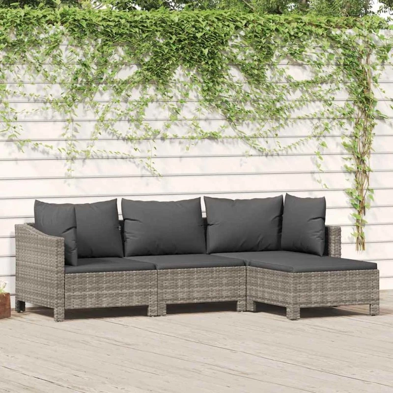 Loungesæt til haven 4 dele i grå polyrattan med hynder