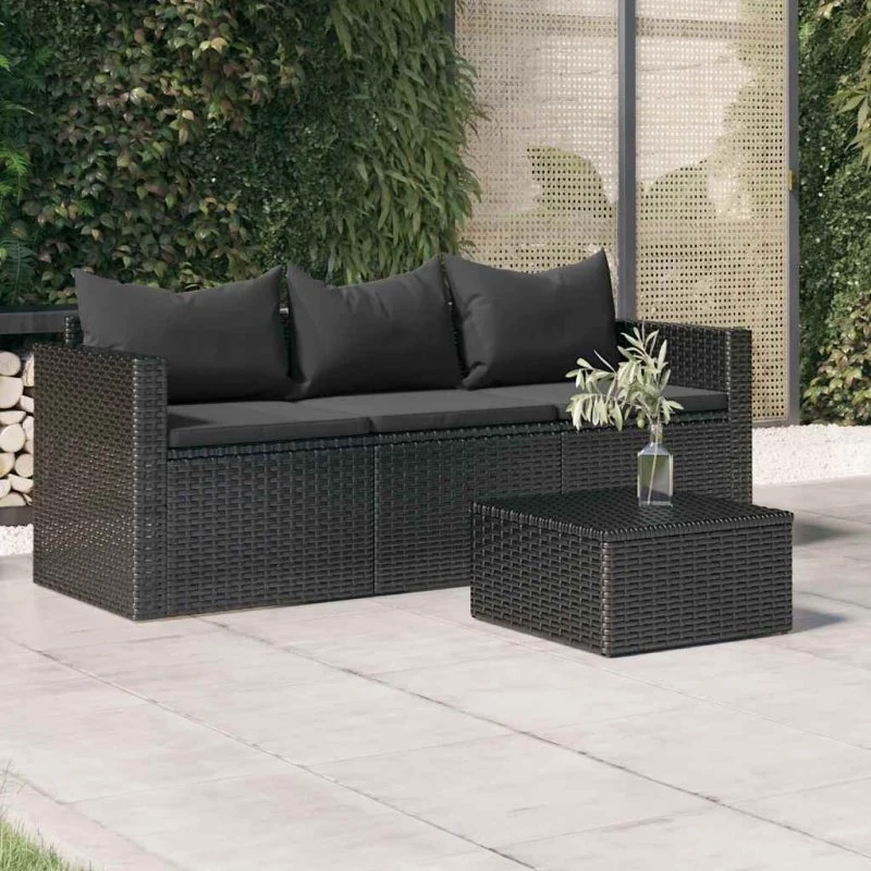 3-personers havesofa polyrattan sort med hynder