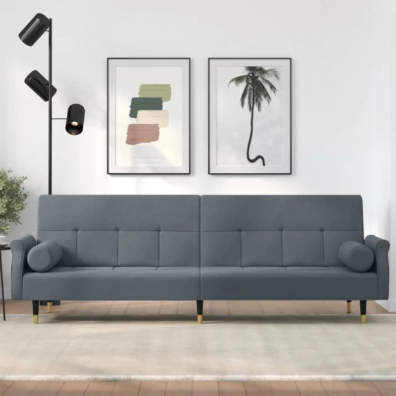 Sovesofa i mørkegrå velour med hynder