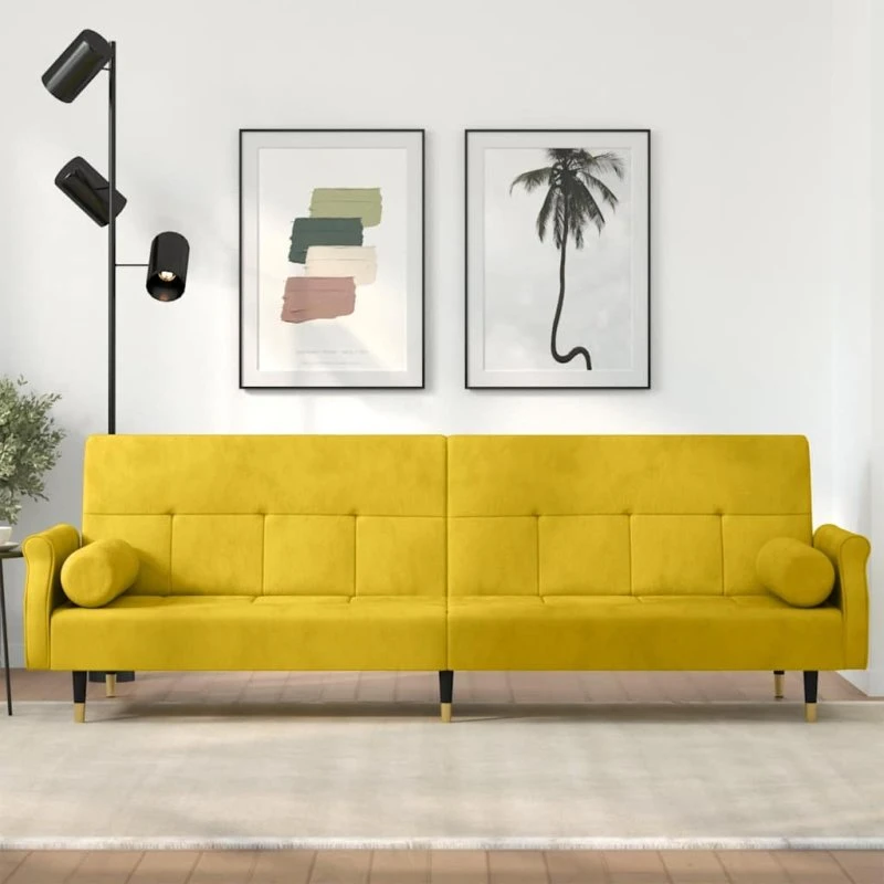 Velour sovesofa med hynder, gul – komfortabel & justerbar