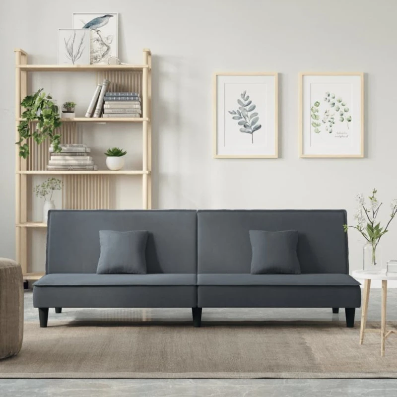Sovesofa i mørkegrå velour med justerbart ryglæn