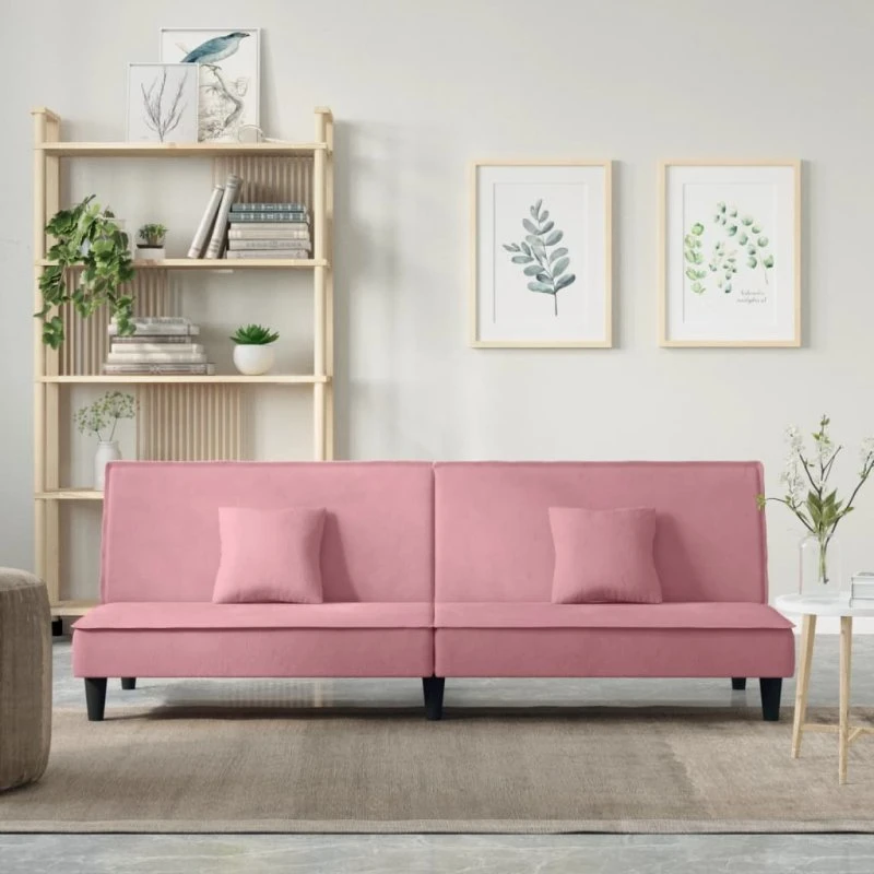 Lyserød velour sovesofa – justerbart ryglæn