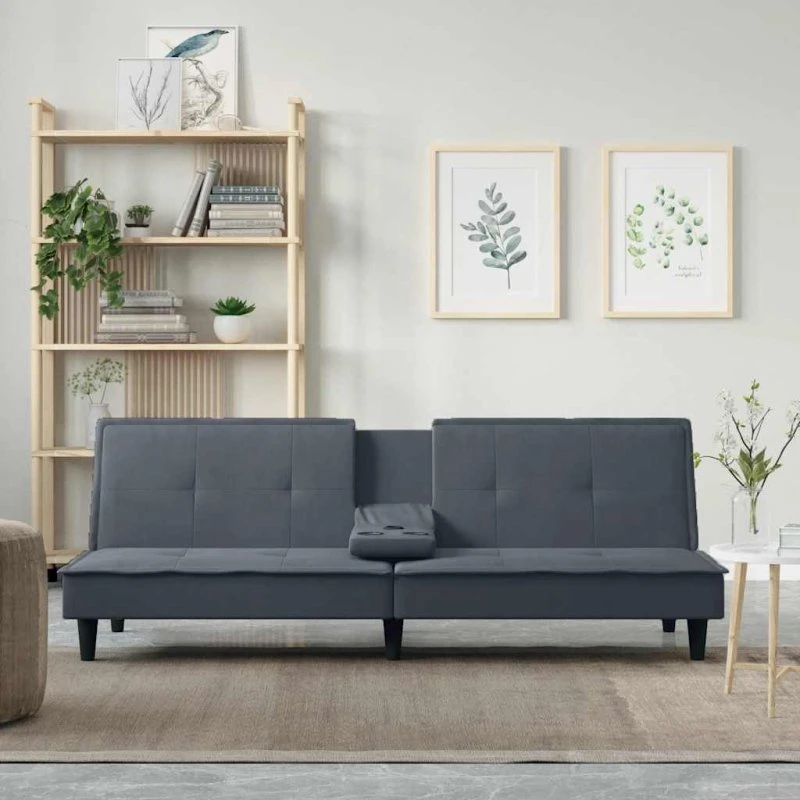Sovesofa velour mørkegrå med kopholdere