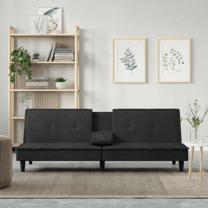 Sovesofa i sort velour med kopholdere og 3-position ryglæn