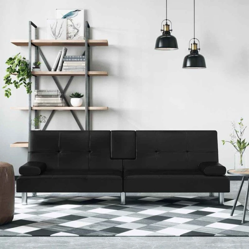 Sovesofa i sort kunstlæder med kopholdere