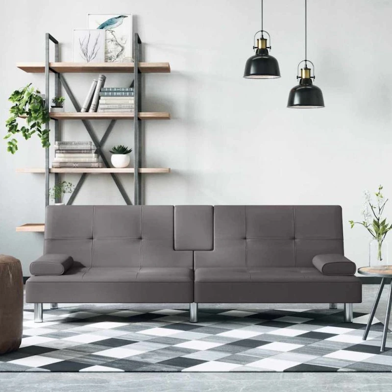 Sovesofa i gråt kunstlæder med kopholdere