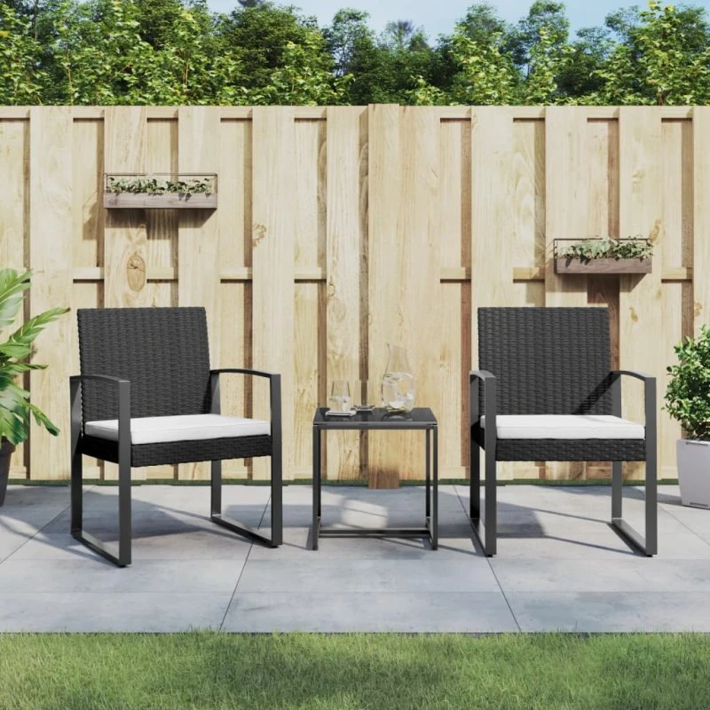 Spisebordssæt til haven 3 dele i sort polyrattan med hynder