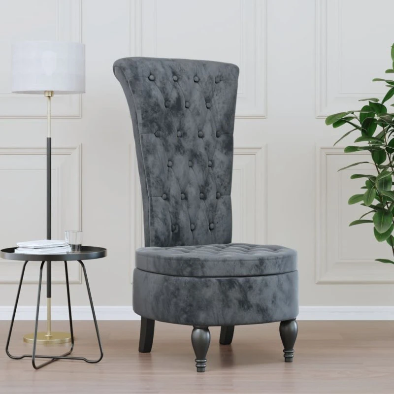 Lænestol med høj ryg i mørkegrå velour, knapdesign