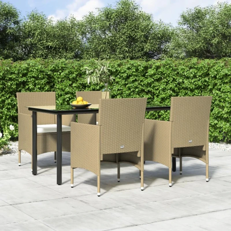 Havesæt 5 dele i polyrattan med beige hynder