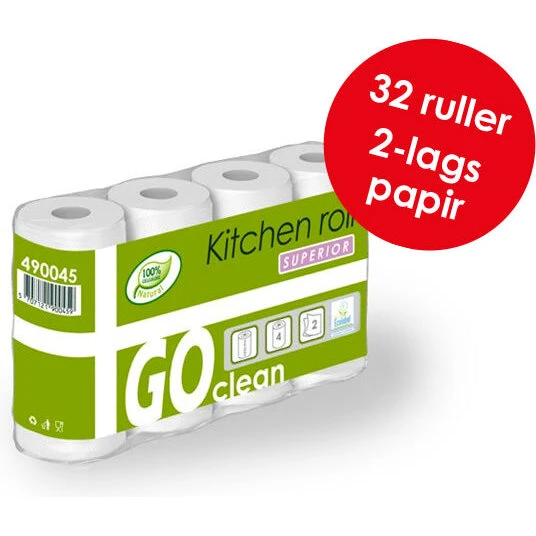 GO clean Køkkenrulle 2-lags hvid 18 m – 32 ruller