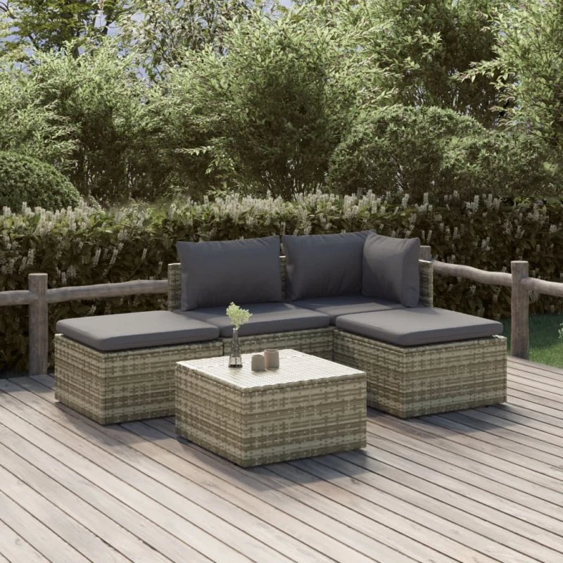 Loungesæt havemøbler 5 dele i grå polyrattan med hynder