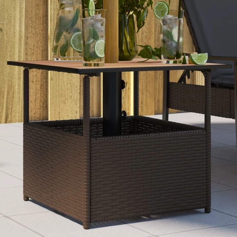 Havebord i polyrattan 55x55x46,5 cm med parasolhul - brun