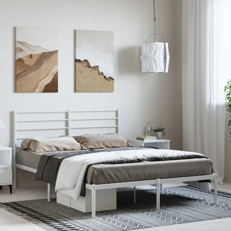 Sengeramme i metal med sengegavl 135x190 cm – hvid