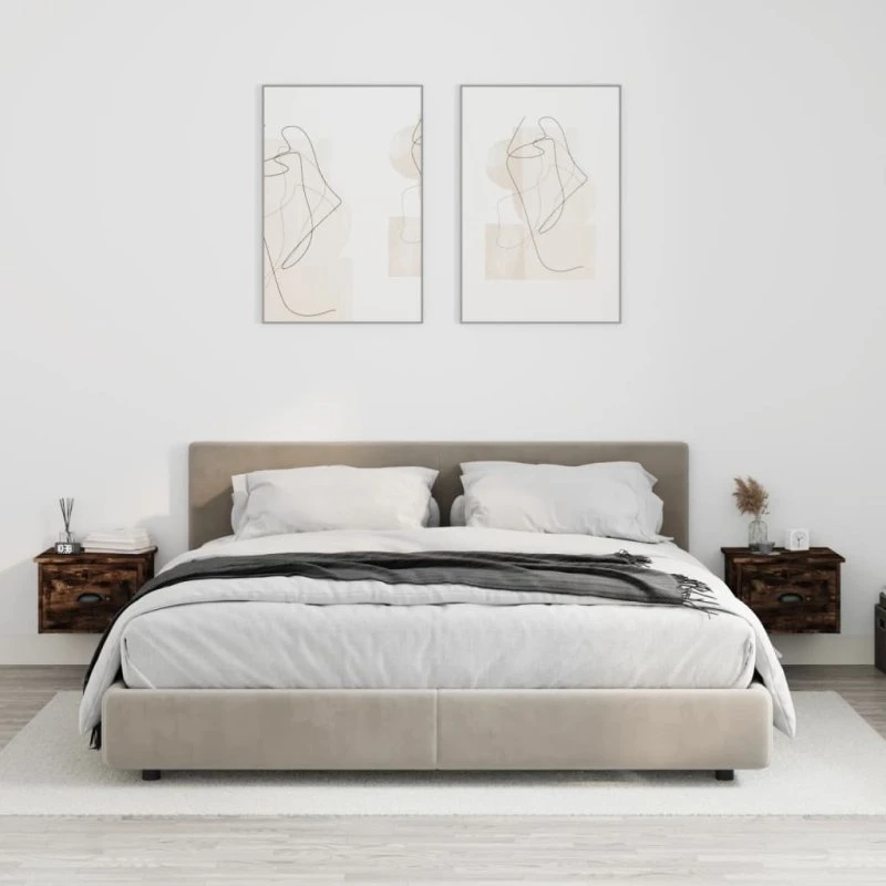 Væghængte sengeborde 2 stk. – røget egetræ 41,5x36x28 cm