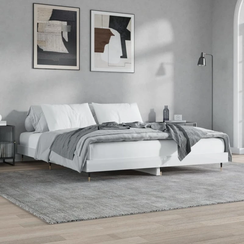 Sengestel 200x200 cm i hvid højglans – konstrueret træ
