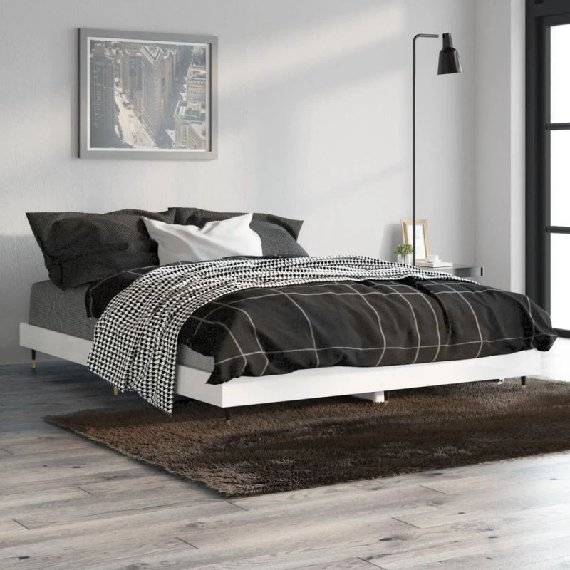 Sengestel 135x190 cm i hvid højglans - konstrueret træ