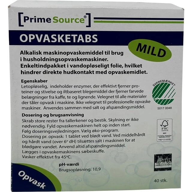 Prime Source Mild maskinopvasktabs 40 stk – Svanemærket