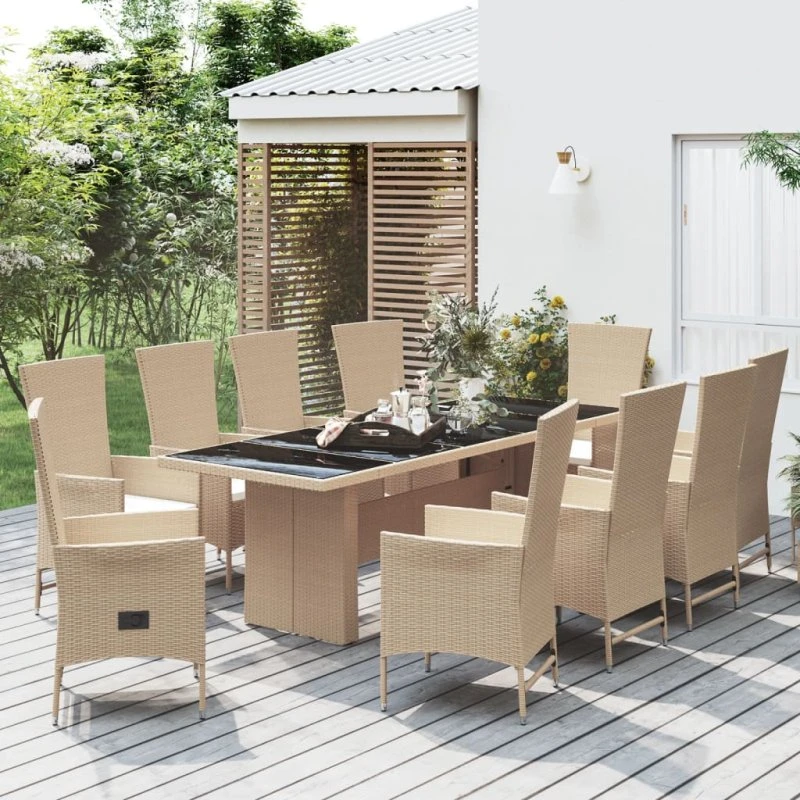 Spisebordssæt i polyrattan 11 dele med hynder - beige