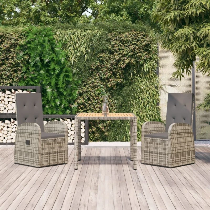 Spisebordssæt til haven 3 dele i grå polyrattan