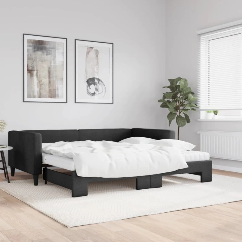Daybed med udtræk og madras 100x200 cm – sort stof