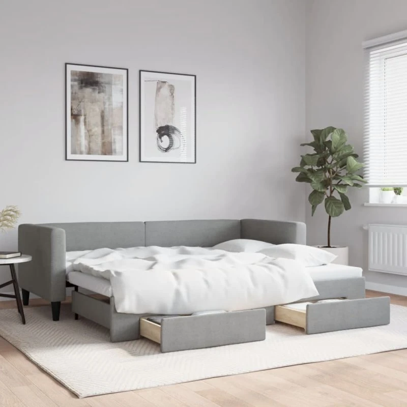 Daybed med udtræk & opbevaring 80x200 cm – Lysegrå stof
