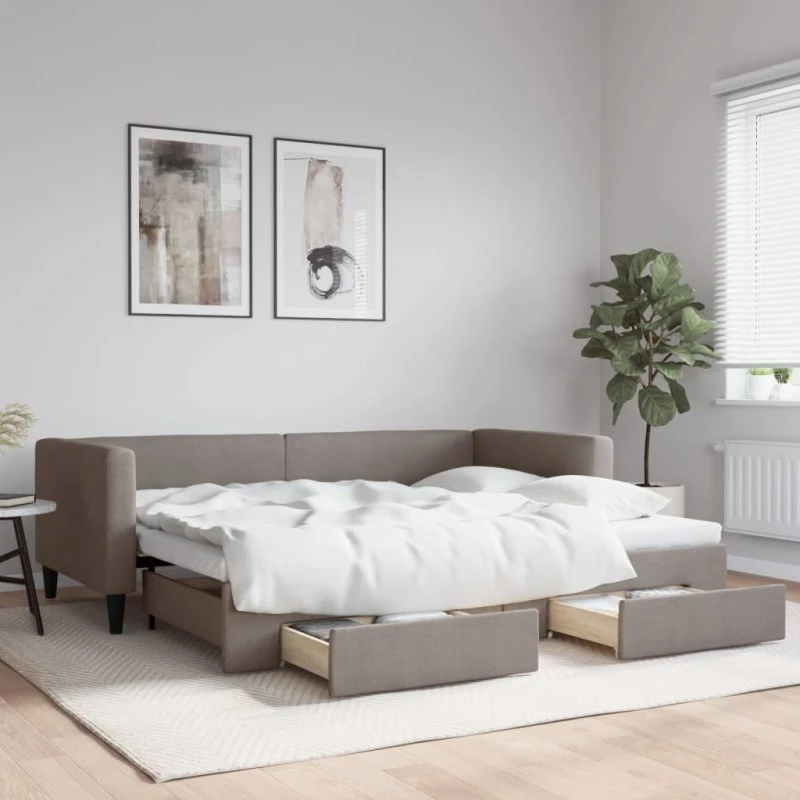 Daybed med udtræk & skuffer 90x200 cm, gråbrun stof