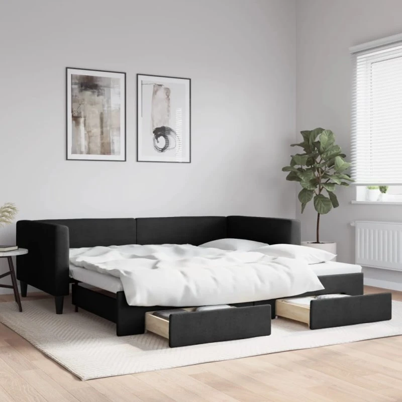 Daybed 2-i-1 med udtræk og skuffer 100x200 cm - Sort