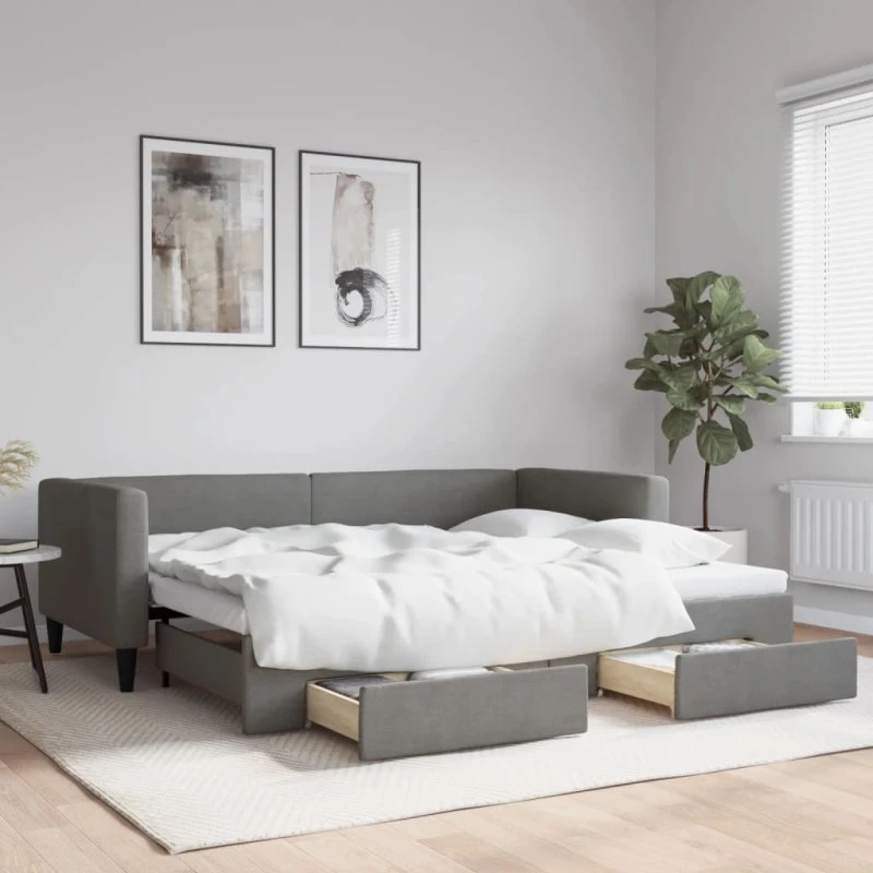 Daybed med udtræk & skuffer 90x190 stof mørkegrå