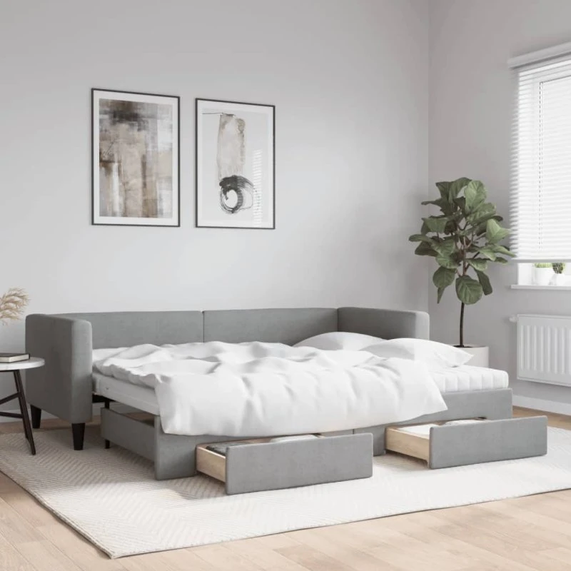 Daybed med udtræk & opbevaring 80x200 stof lysegrå