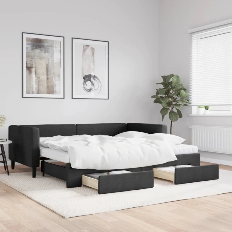 Daybed 2-i-1 med udtræk & skuffer 80x200 stof sort