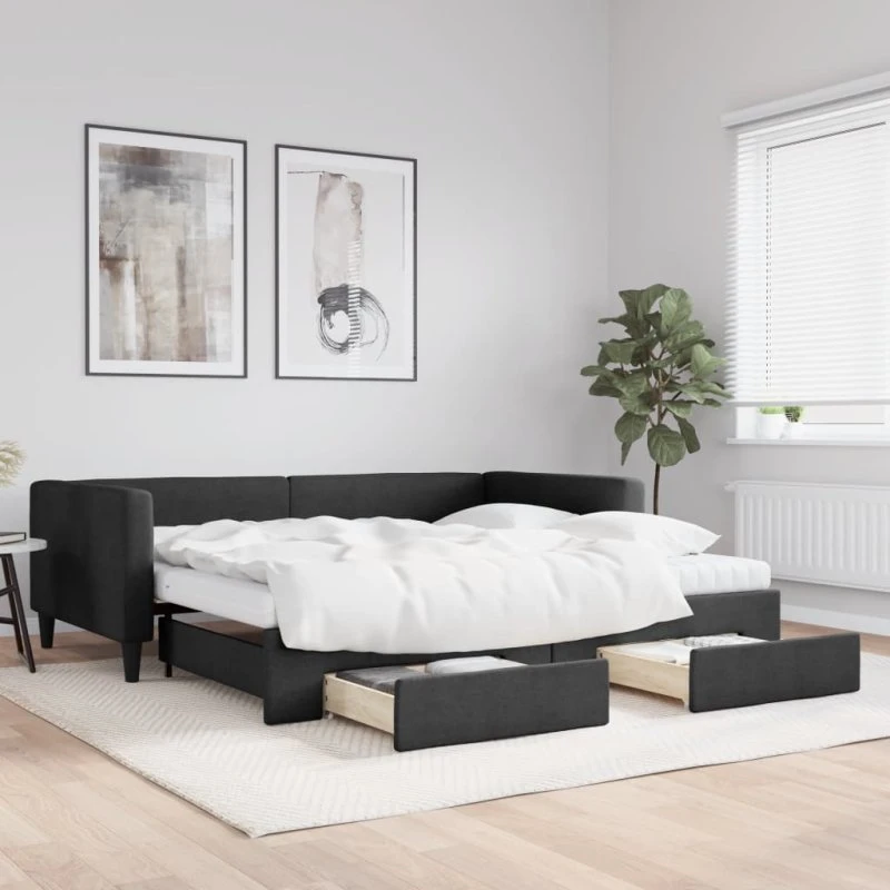 Daybed 100x200 cm med udtræk og skuffer - sort stof