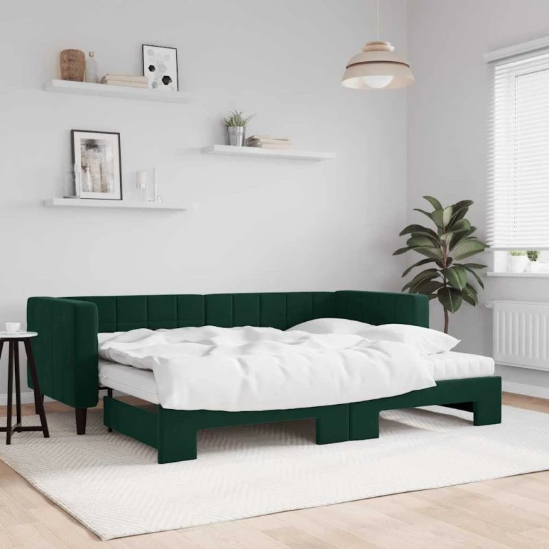 Daybed med udtræk og madras 80x200 cm - mørkegrøn velour