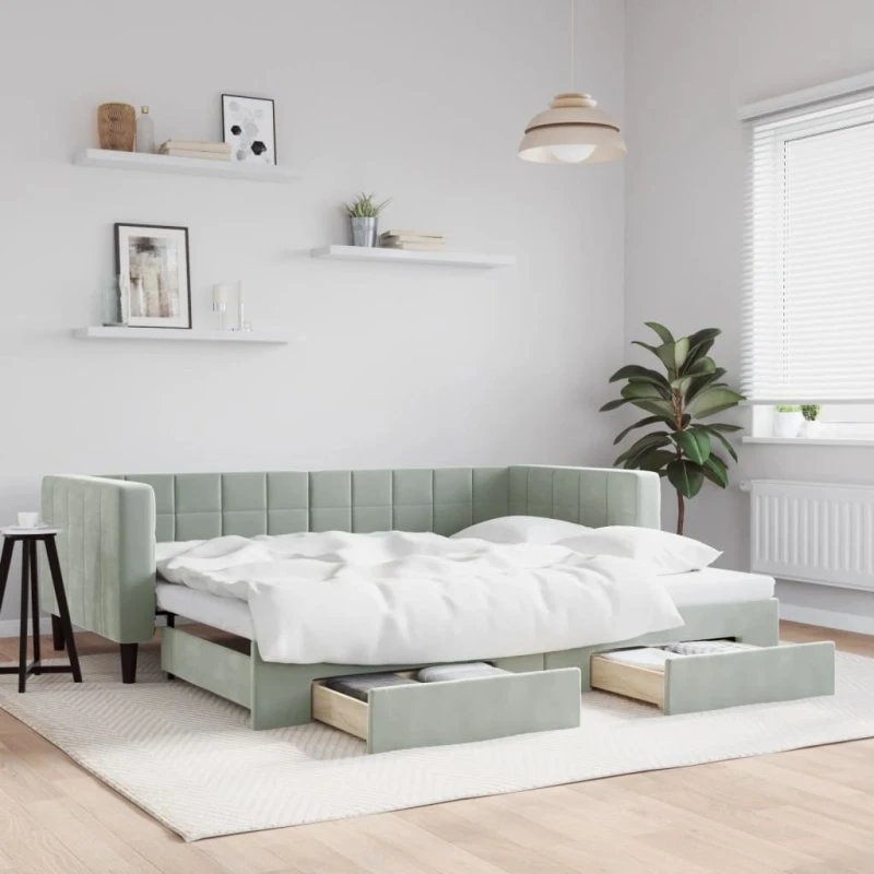 Daybed med udtræk & skuffer 90x200 cm - velour lysegrå