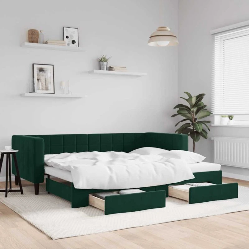 Daybed med udtræk & skuffer 90x200 velour mørkegrøn