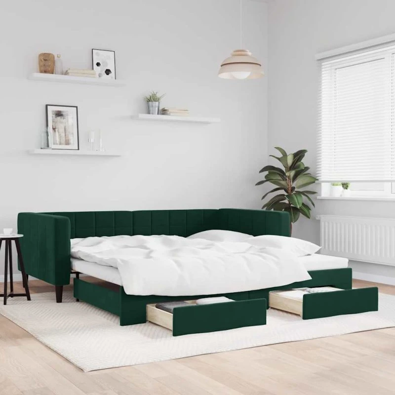Daybed med udtræk og skuffer 100x200 cm i mørkegrøn velour