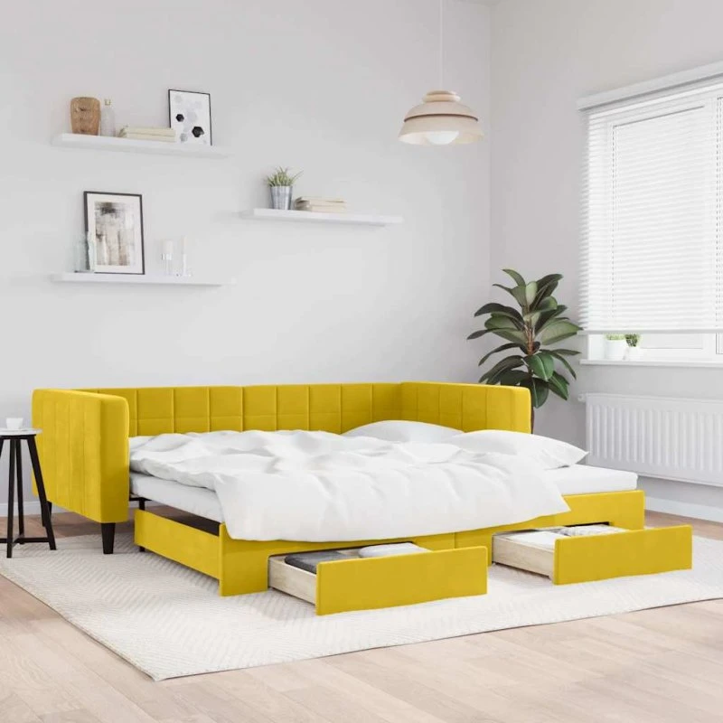 Daybed med udtræk og skuffer 100x200 cm - Gul velour