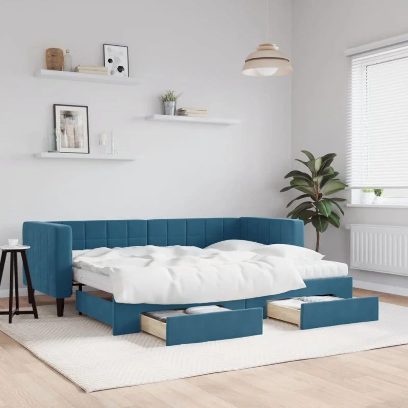 Daybed med udtræk & skuffer 80x200 blå stof