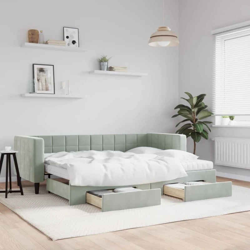 Daybed med udtræk & skuffer 80x200 cm - Lysegrå velour