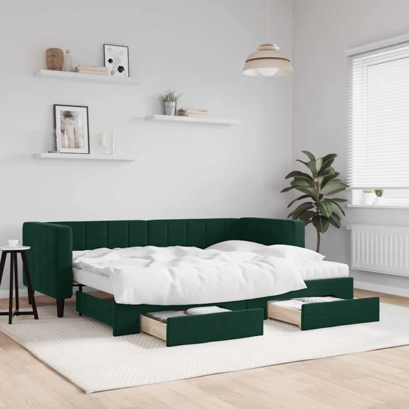 Daybed 2-i-1 med udtræk & skuffer 80x200, velour mørkegrøn