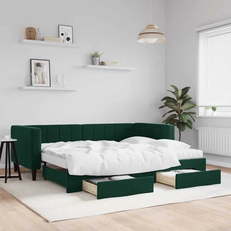Daybed med udtræk & skuffer 90x200 velour mørkegrøn