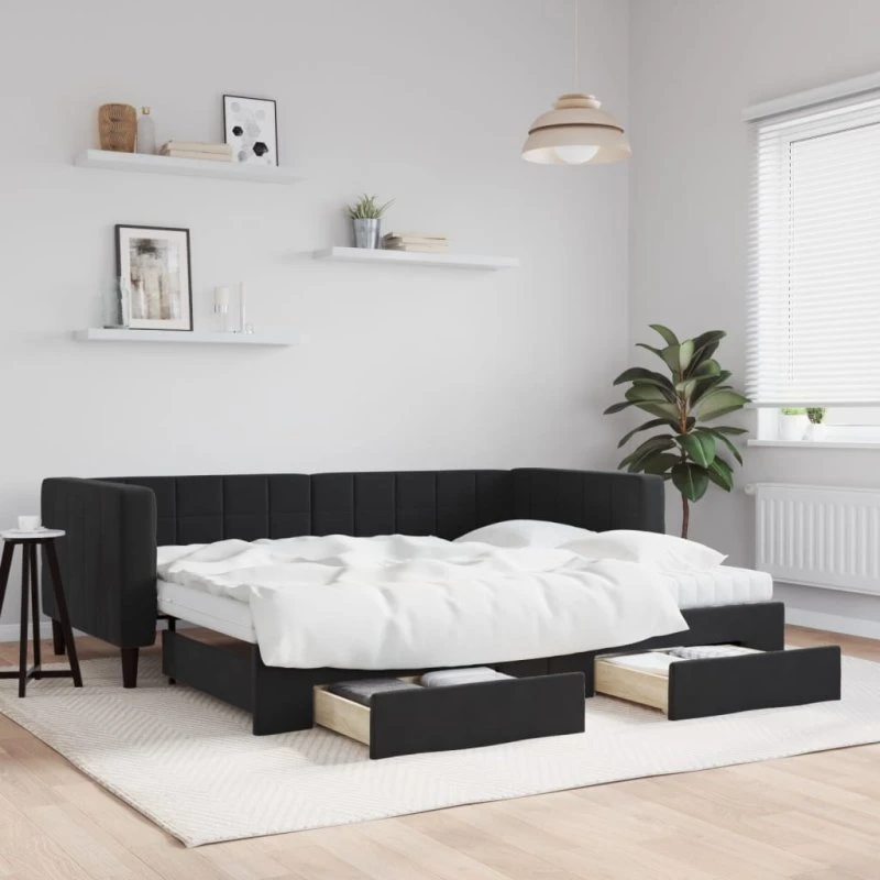 Daybed med udtræk og skuffer 90x200 cm - sort velour