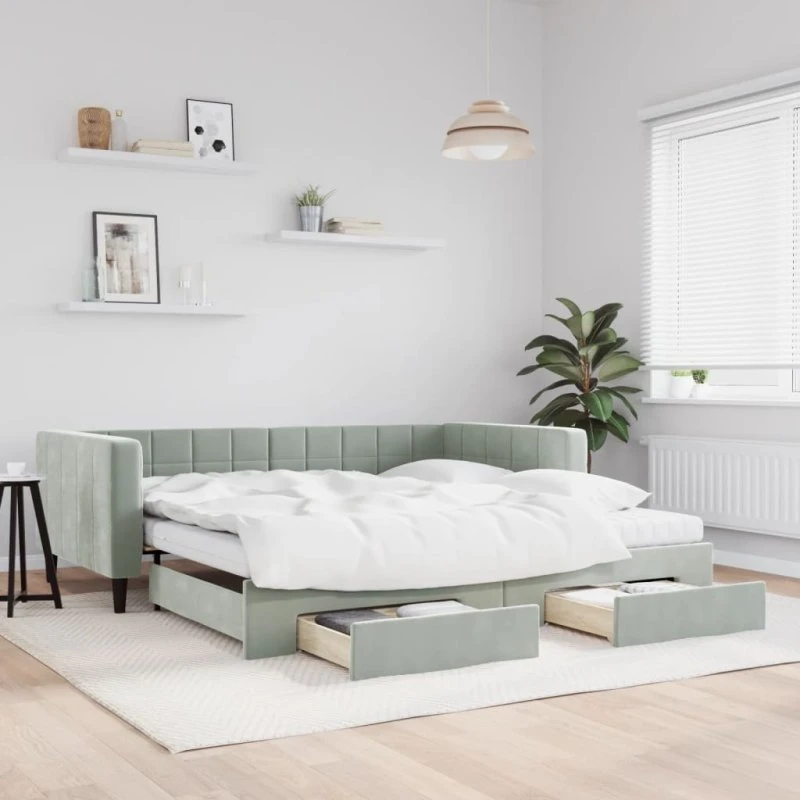 Daybed med udtræk og skuffer 100x200 cm – velour lysegrå
