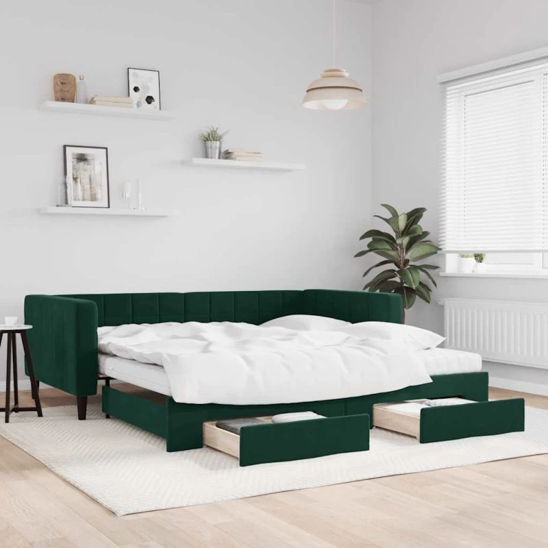 Daybed 2-i-1 med udtræk og skuffer 100x200 velour - mørkegrøn