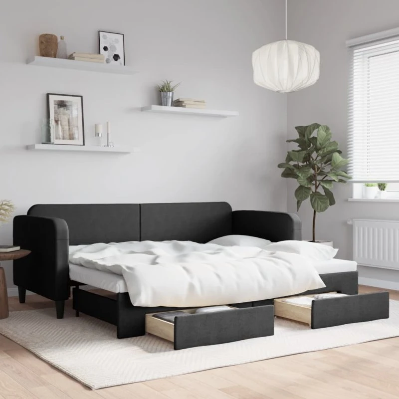 Daybed med udtræk & skuffer 80x200 cm – stof, sort
