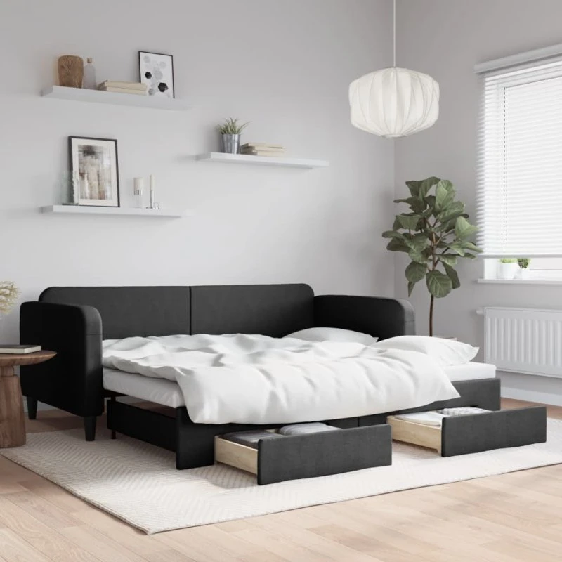 Daybed med udtræk & skuffer 80x200 cm - sort stof