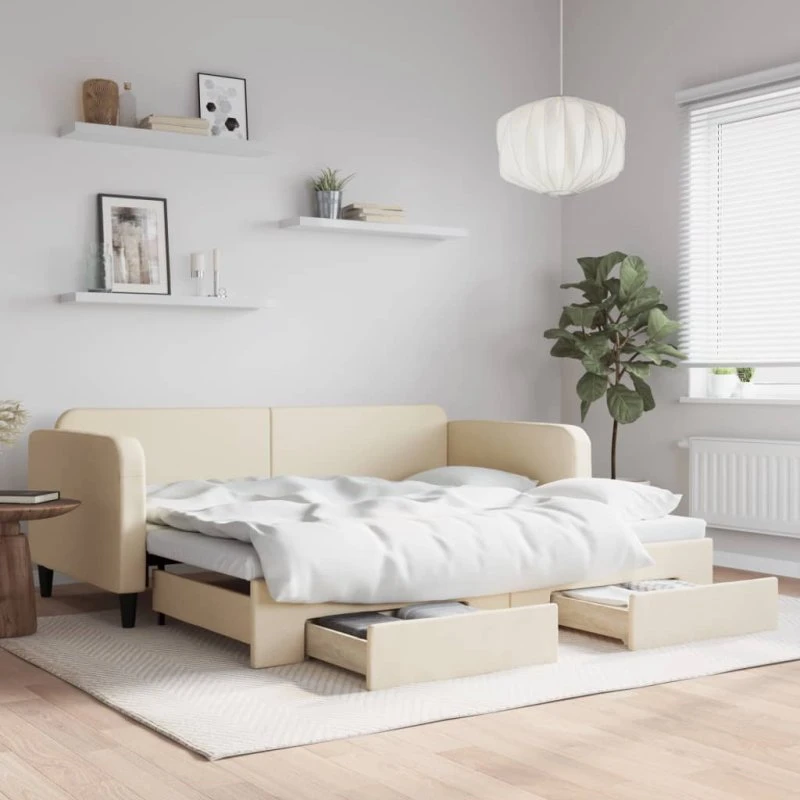 Daybed 2-i-1 med udtræk og skuffer 90x200 cm – creme
