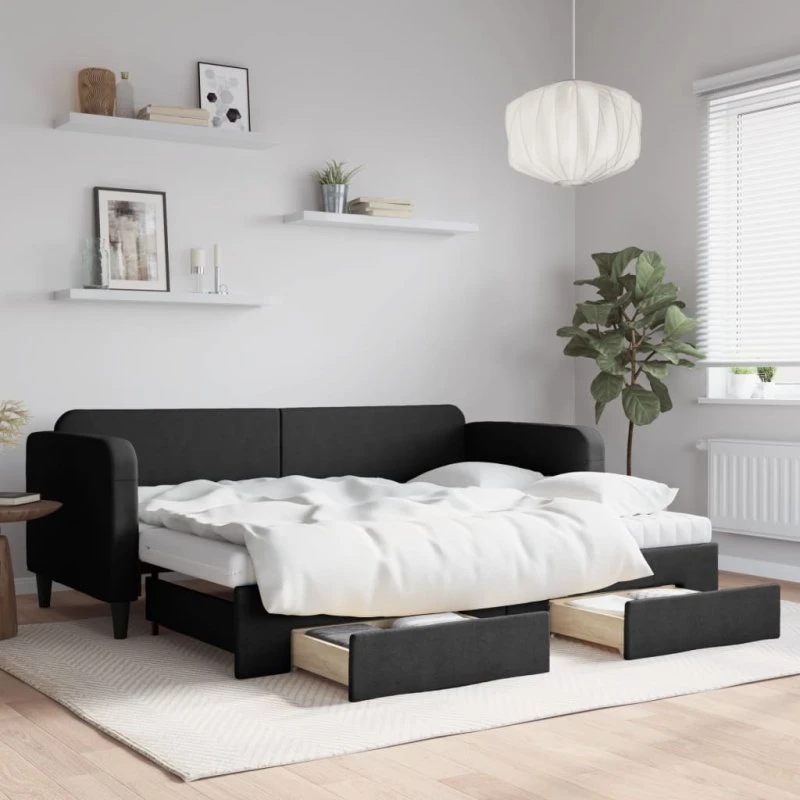 Daybed med udtræk og skuffer 80x200 cm – sort stof